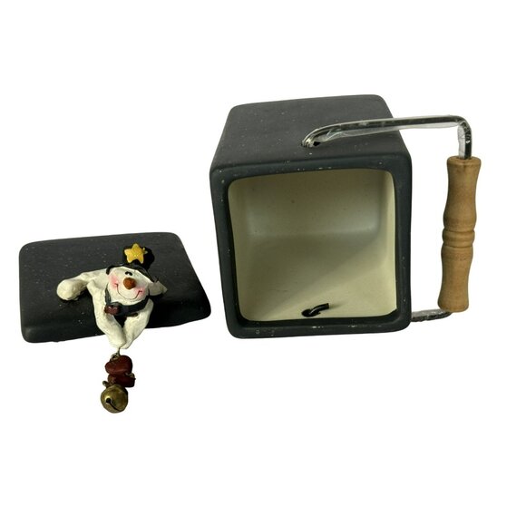 Ceramic Snowman Votive Candle Holder With Lid & Wooden Handle Whimsical Charm - Picture 2 of 7